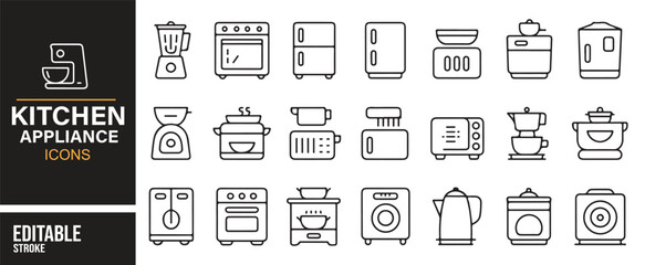 Minimalist kitchen appliance icons featuring modern cooking equipment in line style.