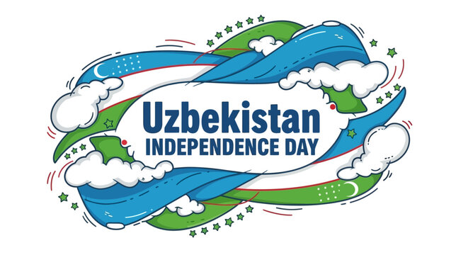 Uzbekistan Independence Day graphic with stylized clouds, crescent moons, stars, and green and blue wavy shapes surrounding the text. - Powered by Adobe