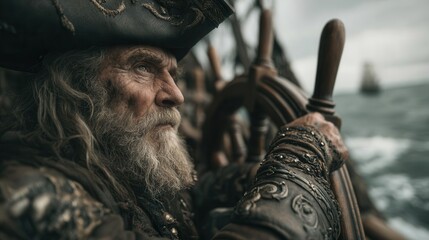 Portrait of a weathered old pirate captain steering a ship at sea, holding the wooden wheel, wearing a tricorn hat and ornate coat.