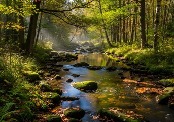 Obraz premium Stunning autumn landscape with a gentle stream flowing through a vibrant forest with colorful foliage, creating a peaceful and serene natural setting for outdoor adventures and tranquil moments