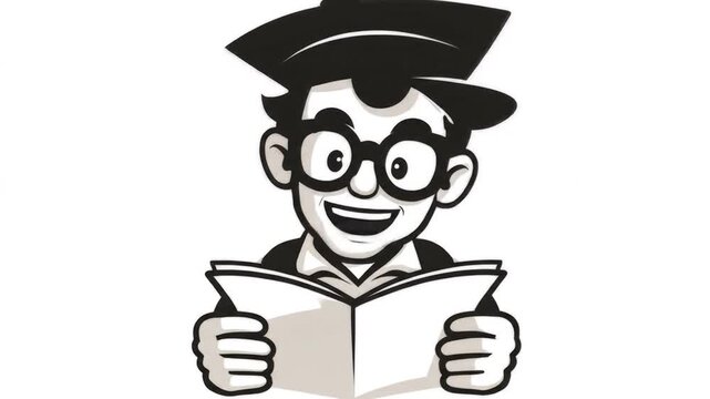 Smiling man with glasses, hat, reading a book in black and white style