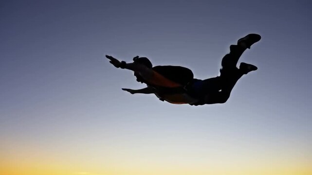 Skydiver silhouetted against vibrant sunset in breathtaking freefall