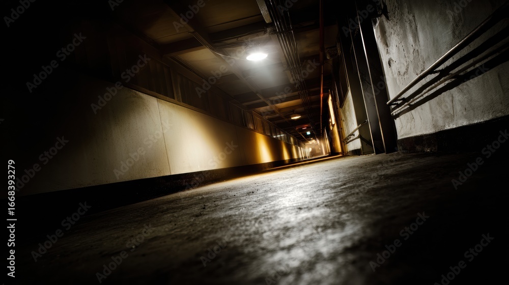 Poster dramatic low angle view of abandoned corridor, illuminated by overhead lights, creating mysterious a