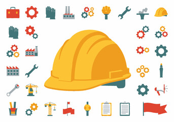 A yellow hardhat surrounded by various construction and industry icons.
