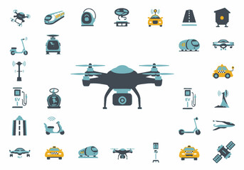Collection of futuristic transportation icons. Drones, self-driving cars, trains, and more.