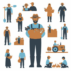 Illustrative depiction of various farming activities and people involved in agriculture.