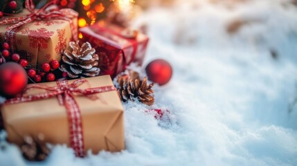 Christmas gifts and decorations in snow during winter season