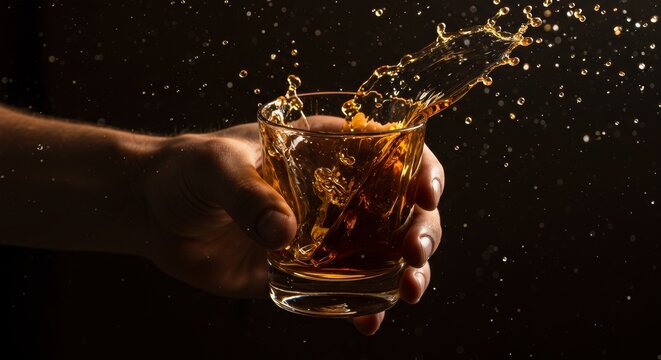 Hand elegantly presenting a glass of whiskey with a dynamic splash effect