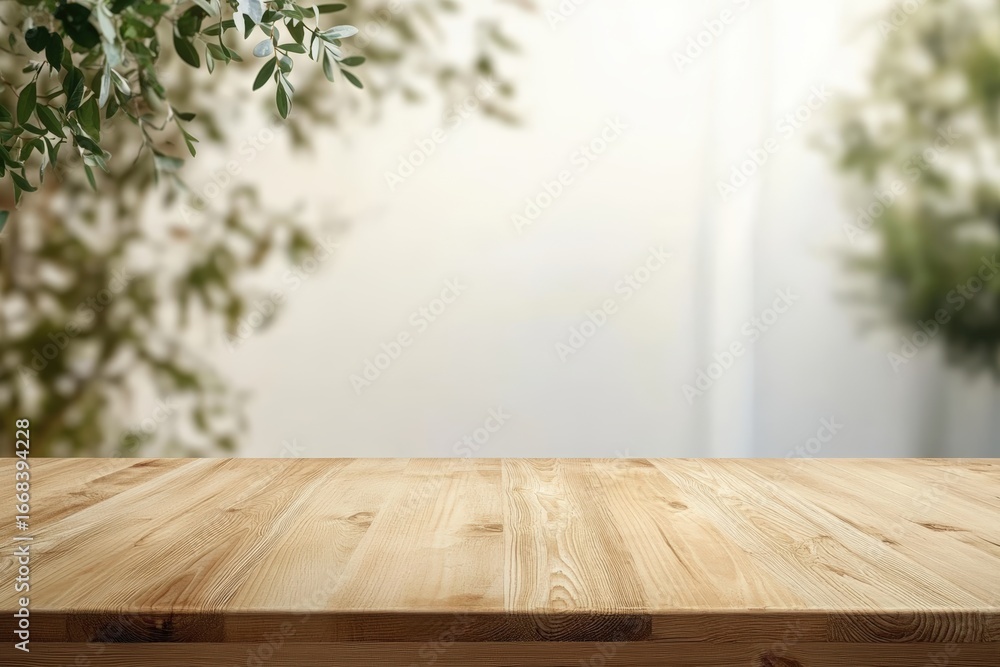 Poster a serene wooden table set against a blurred background with soft greenery, evoking a calm and inviti