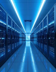 A spacious server room, bathed in cool blue light, extends into the distance, showcasing rows of modern server cabinets.