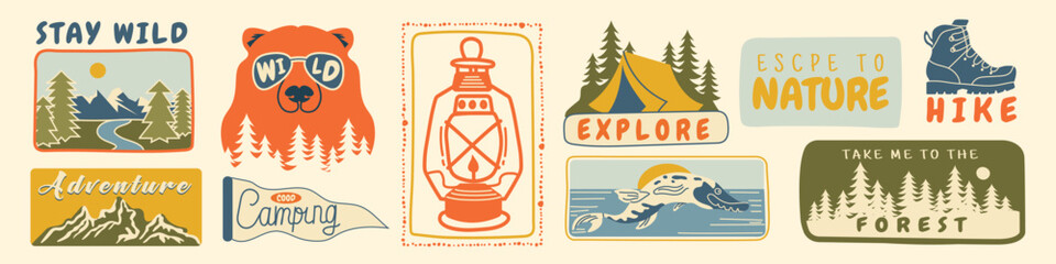 Hiking and camping badge set with hand-drawn forest and wildlife elements.Retro adventure emblems with bear logo, mountain silhouettes,tourism stamps.Vintage style stickers for outdoor and travel desi
