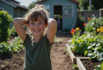 Fototapeta premium Happy child enjoying time at an allotment garden, surrounded by vibrant flowers