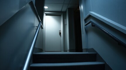 Staircase leads to closed door, creating sense of mystery and anticipation. dim lighting and shadows enhance atmosphere, inviting curiosity about what lies beyond