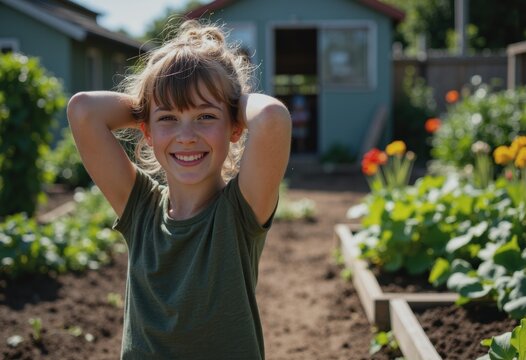 Happy child enjoying time at an allotment garden, surrounded by vibrant flowers