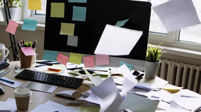 state of disarray and untidiness on workspace surface within professional environment