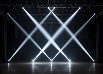 Dramatic stage lighting creates an illuminated x pattern with powerful beams