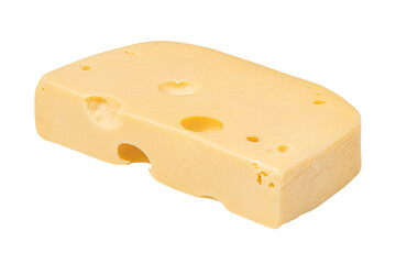 Piece of cheese isolated on white background. Hard cheese with holes. Dairy products.