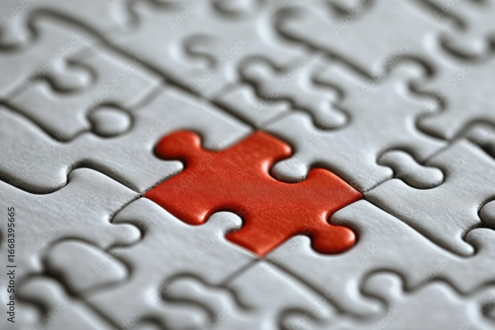 Poster a close-up of a puzzle piece, featuring a distinct red piece among white ones, symbolizing uniquenes