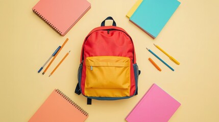 Back to school concept, stationery items, backpack, notebook, colorful background, top view, clean style