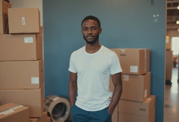 Retail backroom runner standing confidently near a stack of boxes