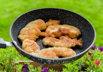 Close-Up Shot of Golden Brown Classic Chicken Breasts Fried in Breadcrumbs, Outdoor Green Garden