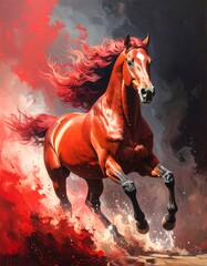 A vibrant, dynamic portrayal of a powerful, red horse in full gallop, its mane flowing freely amidst a dramatic, colorful backdrop.