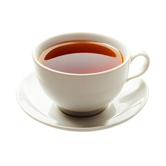 Freshly brewed tea served in a white cup on a clean saucer against a minimalist background on transparent background