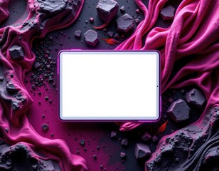 Obraz premium A white-screen tablet amidst purple silk and broken stones, where digital stillness meets vibrant textures.
