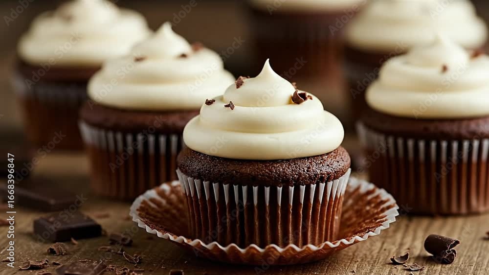 Poster several frosted cupcakes are arranged on a wooden surface chocolate shavings and a chocolate square 