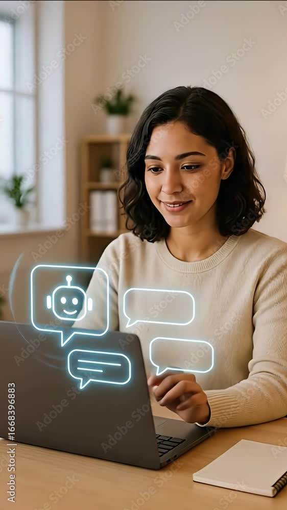 Poster smiling woman using laptop with holographic chatbot and speech bubbles interface in home office. con