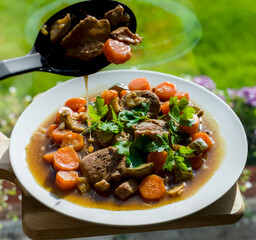 Pork Medallions Stew with Zucchini, Carrots, Parsley and Garlic