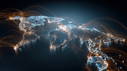 Digital global partnership concept depicting a handshake formed by connected dots on a blurred World map