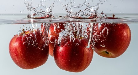Red apples splashing into water.