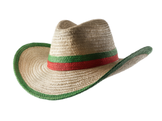 Wide brim straw hat with green and red trim on black background