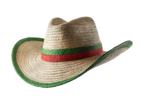 Wide brim straw hat with green and red trim on black background
