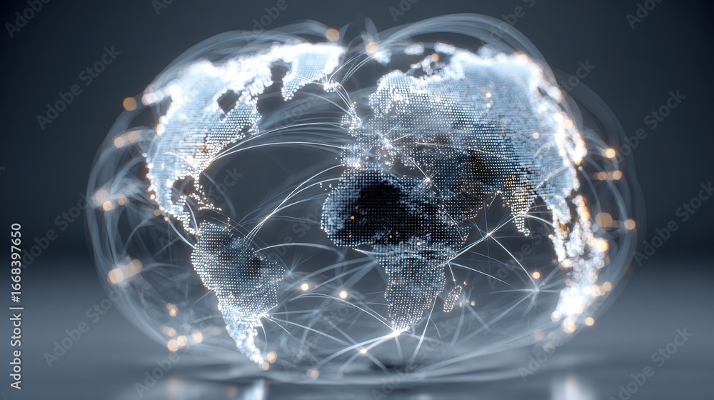 Poster digital global partnership concept depicting a handshake formed by connected dots on a blurred world