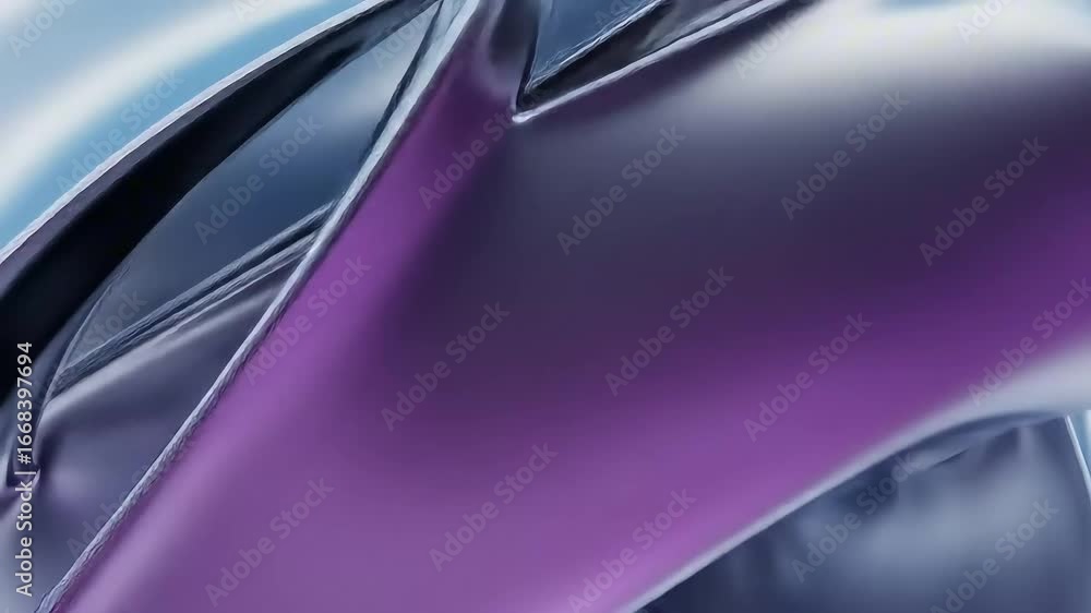 Poster abstract composition of flowing metallic ribbons in purple and blue tones, creating a dynamic visual