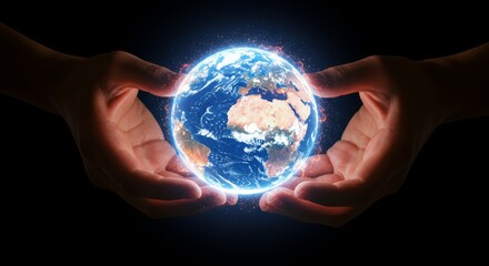 Hands cradling a luminous digital globe symbolizing global connection and innovation