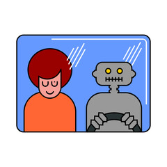 Man sitting in a self-driving taxi with AI robot driver. Vector illustration of autonomous transport, artificial intelligence, smart mobility, and futuristic city transportation concept.