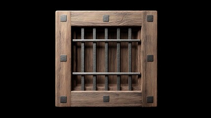 rustic walnut window with sharp corners, decorative bars, folding shutter with controlled reflections.