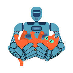 Robot gently holding an cat. Concept of technology and compassion, showing harmony between artificial intelligence and pets.