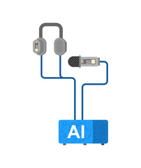 AI translator icon with headphones and microphone, symbolizing real-time language translation, speech recognition, voice technology, and smart communication systems for global interaction.