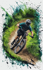 Naklejka premium mountain biker riding downhill on a lush green trail
