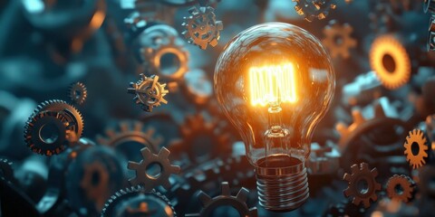 A glowing light bulb surrounded by floating gears symbolizes innovation and creativity. The detailed mechanics paired with the warm light evoke a sense of progress and new ideas