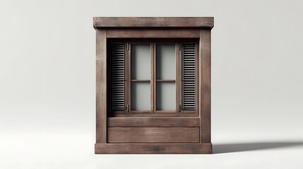 rustic walnut window with sharp corners, decorative bars, folding shutter with controlled reflections.