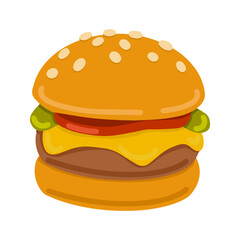 Colorful flat vector illustration of tasty hamburger on clean white background. Perfect for food blogs, menus, packaging, or digital design projects.