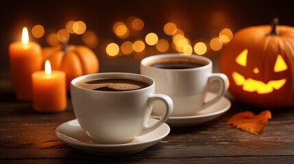 Cozy Halloween Coffee Scene with Jack-O-Lantern and Candles