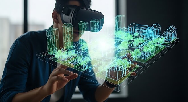 Futuristic architect using virtual reality headset to design a holographic city model.