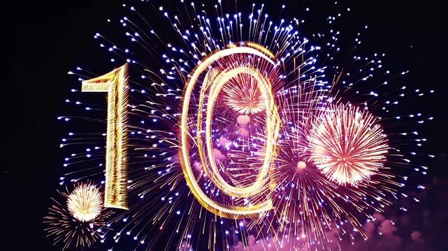 The number 100 rendered in large sparkling fireworks against night sky