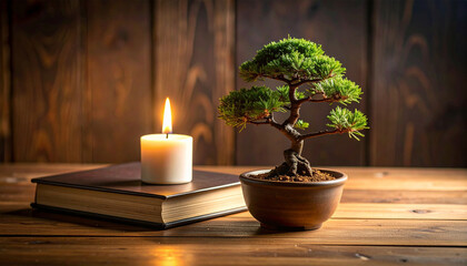 bonsai tree on a wooden desk beside an unlit candle and a closes hardcover book